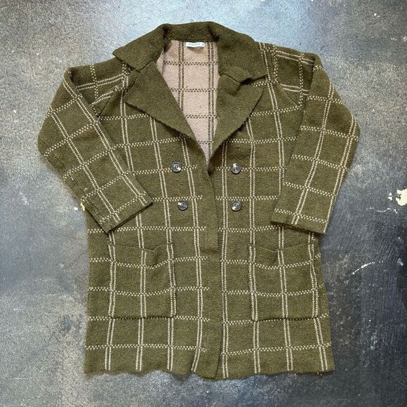 Staccato Womens Windowpane Knit Open Front Cardigan Sweater Olive Green Large - Picture 1 of 10